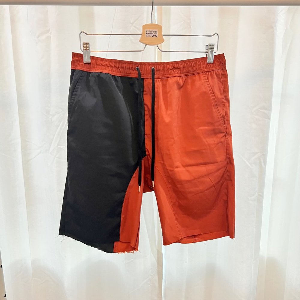 Hyden Yoo Colorblock Black Orange Nylon Satin Distressed Drawstring Shorts